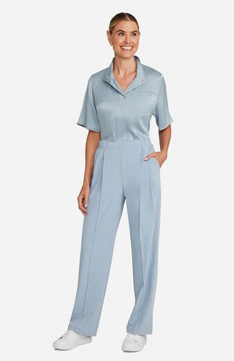 Women's Scrub Set: Silk Stand Collar Top & Pleated Wide Leg Pant Women's Scrub Set: Silk Stand Collar Top & Pleated Wide Leg Pant