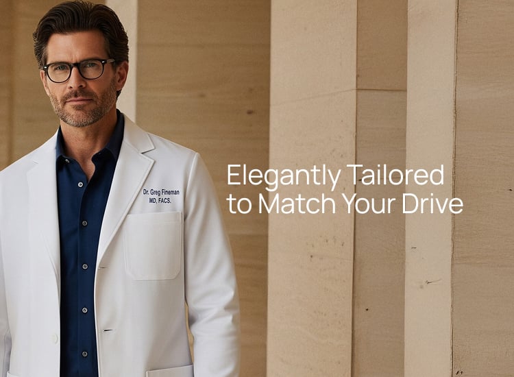 Medelita men's lab coats, elegantly tailored to match your drive.