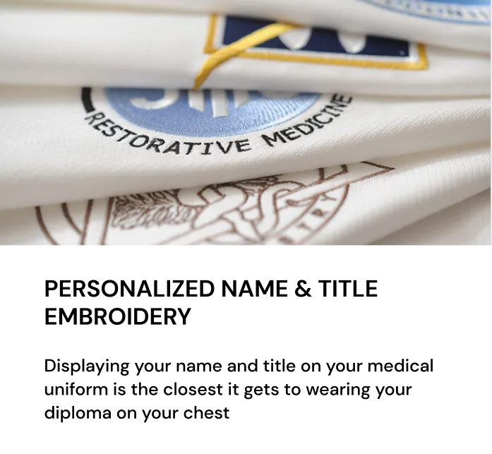 medelita slim fit lab coats, get personalized name and title embroidery