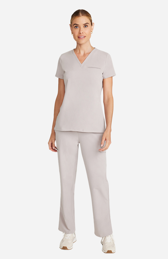 Women's Scrub Set: Flora 3-Pocket Top & Straight Leg Ankle Pant, WMS Warm Stone | grey, large