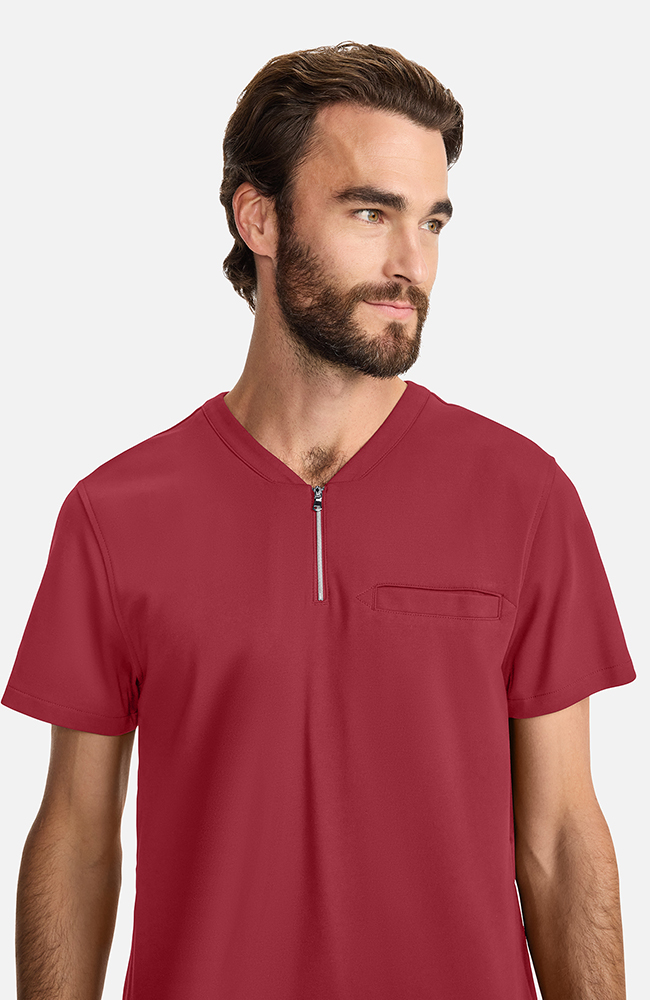 Men's Ponte Quarter Zip V-Neck Scrub Top, CHW Cherry Wood, large