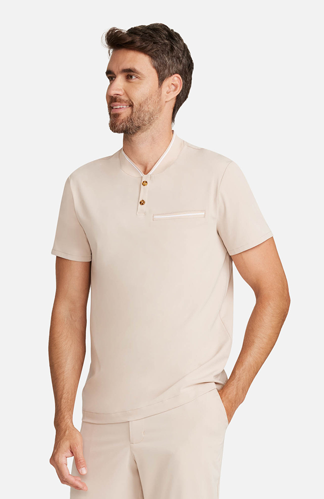 Men&rsquo;s Rib Collar Henley Scrub Top, TAT Toasted Tan | brown, large