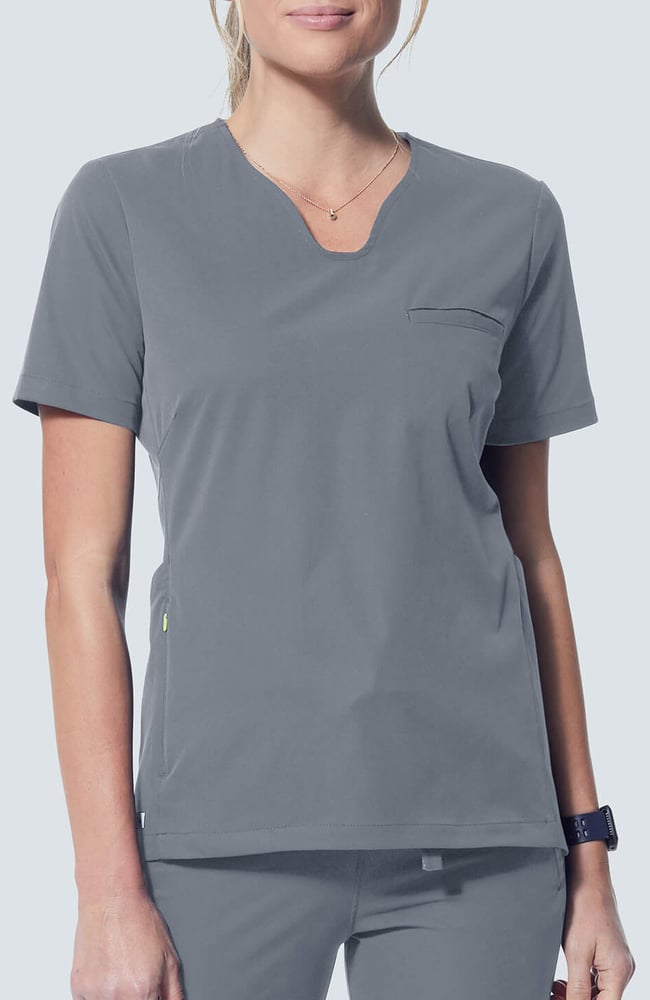 Women's Sola Round Y-Neck Scrub Top, GRE Grey, large