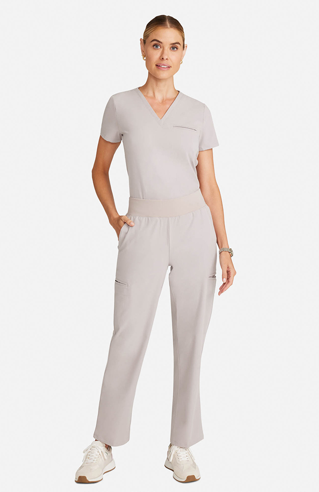 Women's Scrub Set: Flora 3-Pocket Top & Straight Leg Ankle Pant, WMS Warm Stone | grey, large