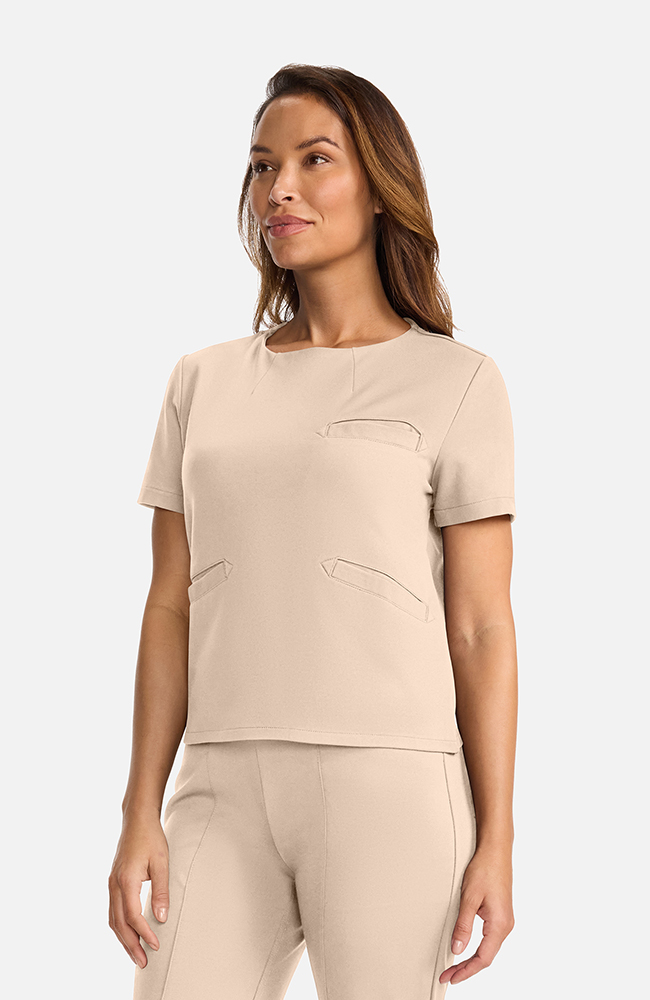 Women's Ponte Round Neck Scrub Top, TAT Toasted Tan | brown, large