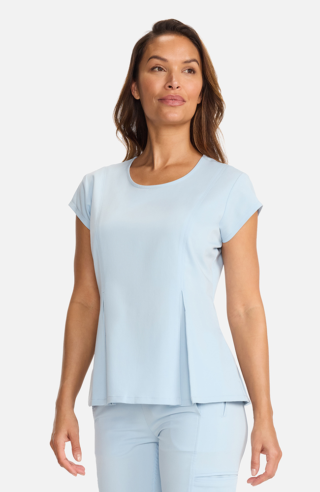 Women's Crew Neck Pleated Peplum Scrub Top, ICB Ice Blue, large