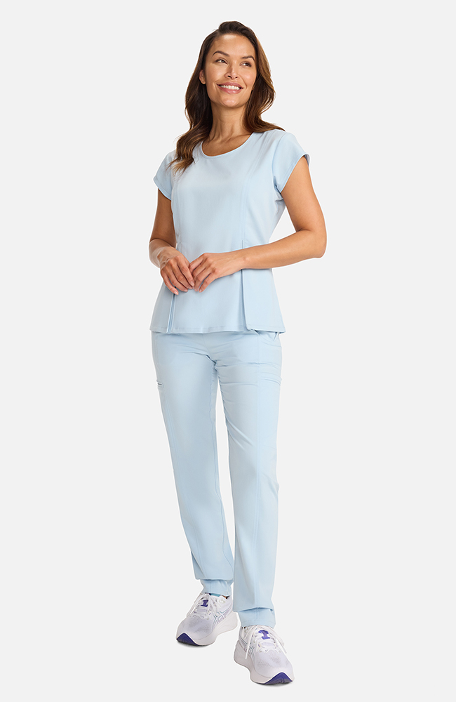 Women's Crew Neck Pleated Peplum Scrub Top, ICB Ice Blue, large
