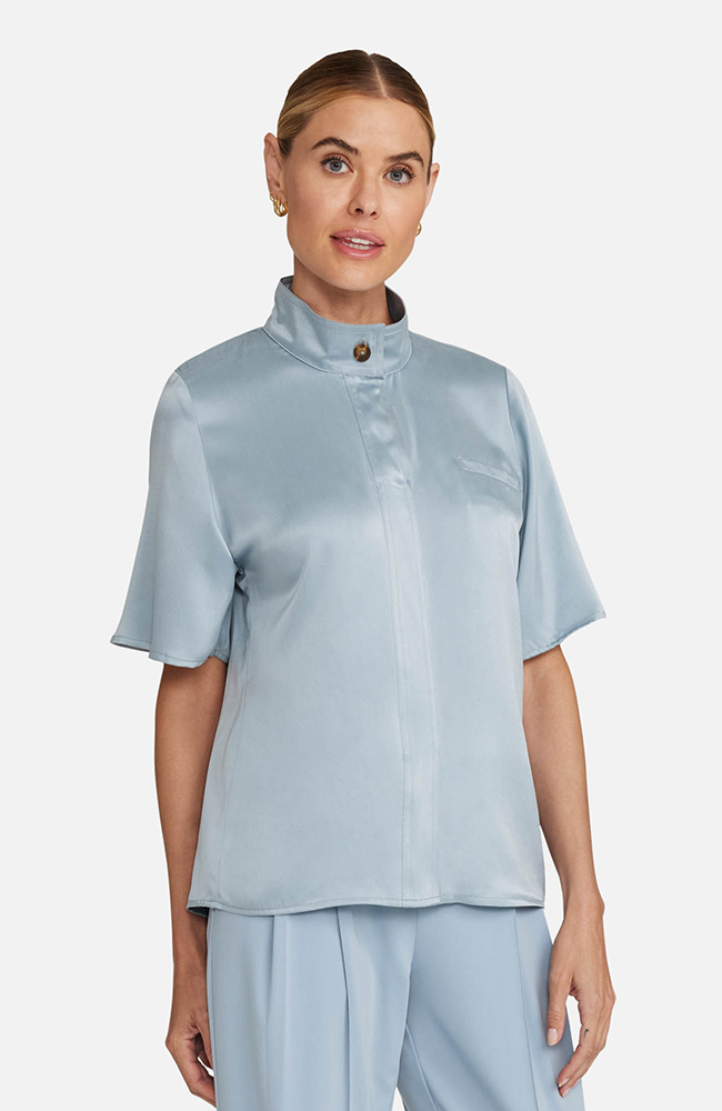 Women’s Silk Stand Collar Scrub Top, SOS Solar Slate, large