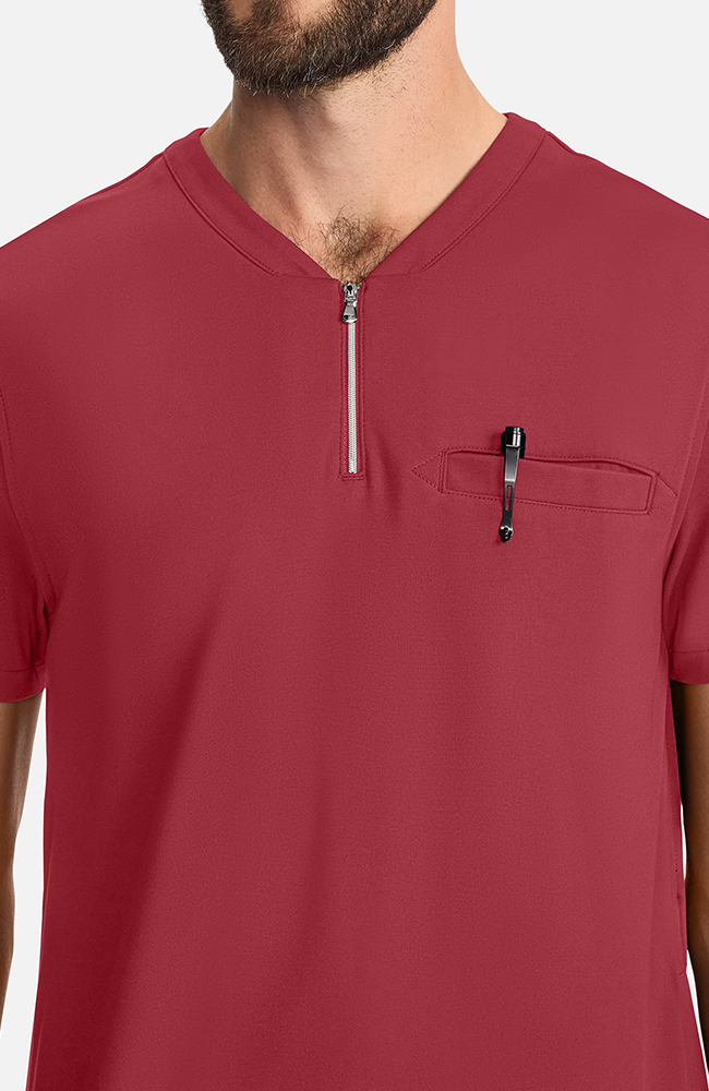 Men's Ponte Quarter Zip V-Neck Scrub Top, CHW Cherry Wood, large