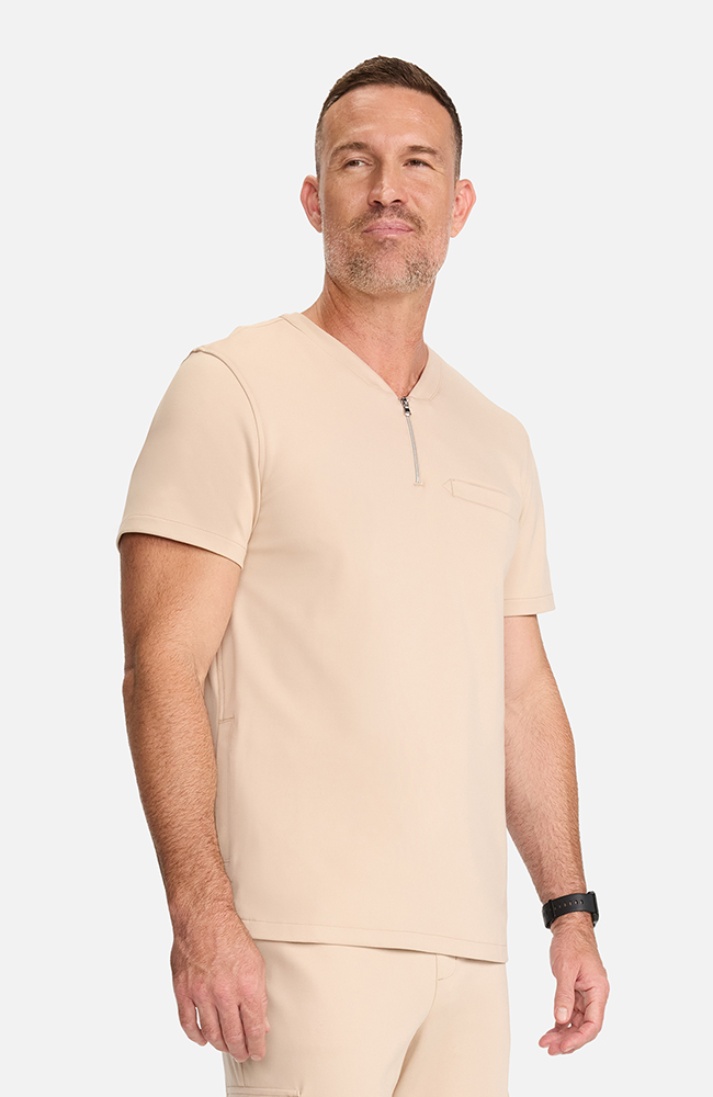 Men's Ponte Quarter Zip V-Neck Scrub Top, TAT Toasted Tan | brown, large