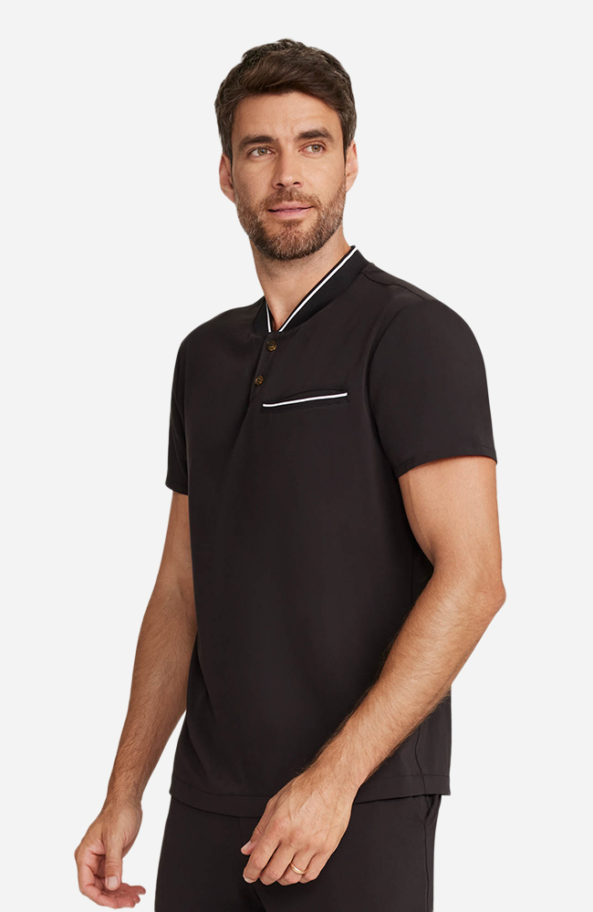 Men's Scrub Set: Rib Collar Henley Top & Cuffed Trouser Pant, BLK Black | black, large
