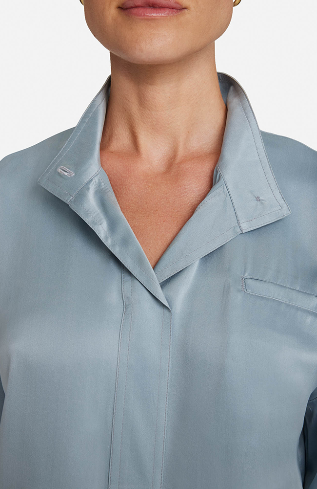 Women’s Silk Stand Collar Scrub Top, SOS Solar Slate, large