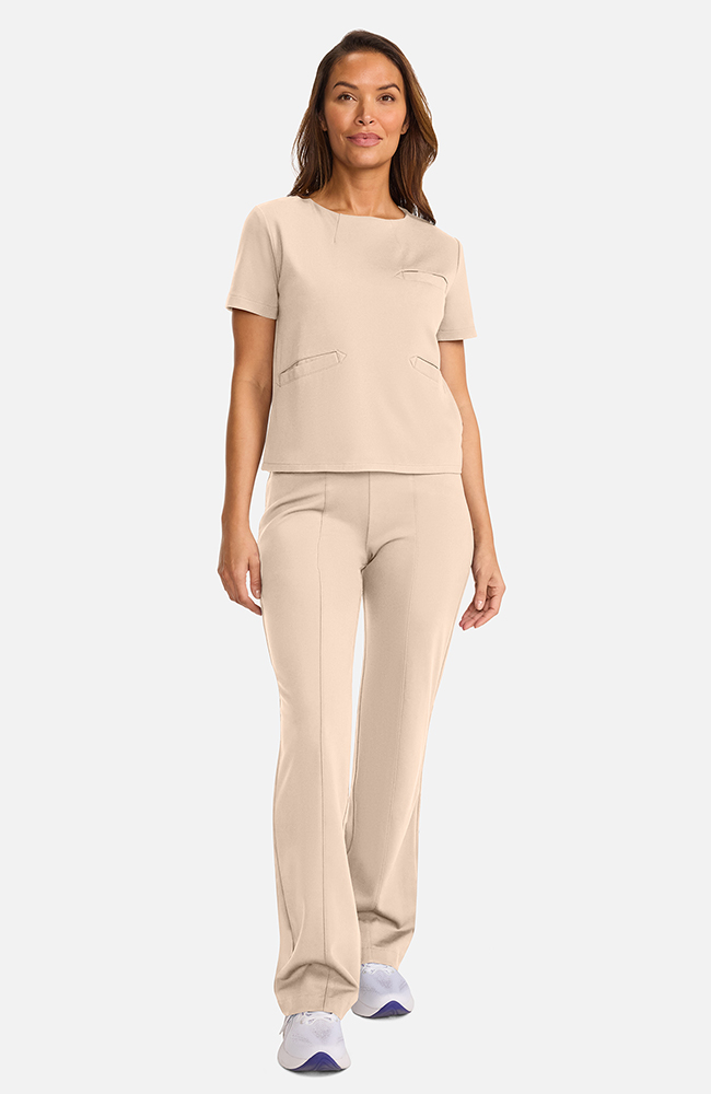 Women's Ponte Round Neck Scrub Top, TAT Toasted Tan | brown, large
