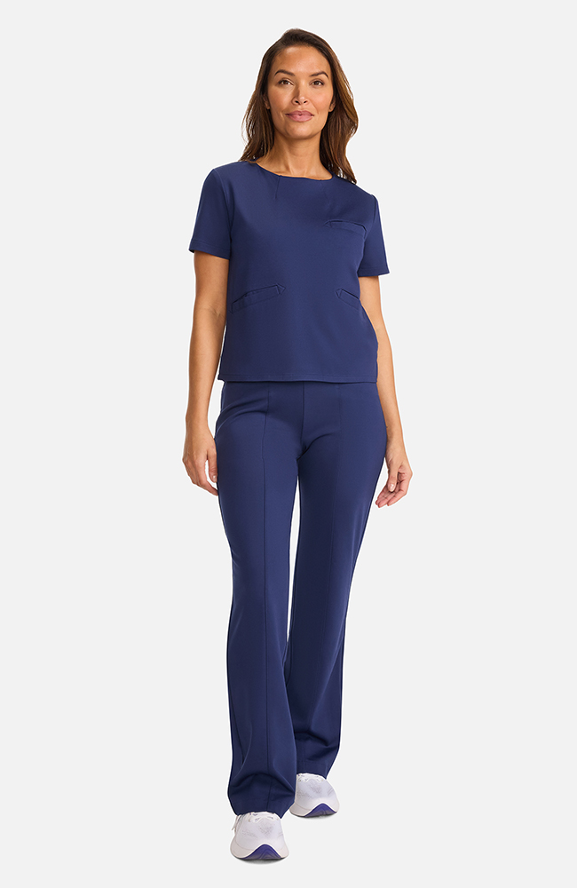 Women's Ponte Round Neck Scrub Top, NAV Navy, large
