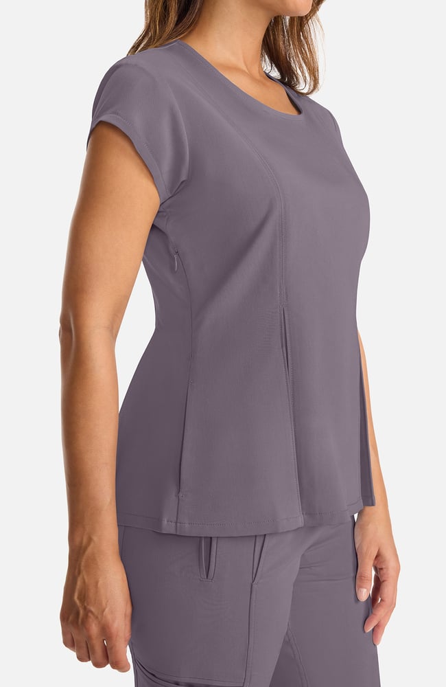 Women's Crew Neck Pleated Peplum Scrub Top, MIN Mink, large