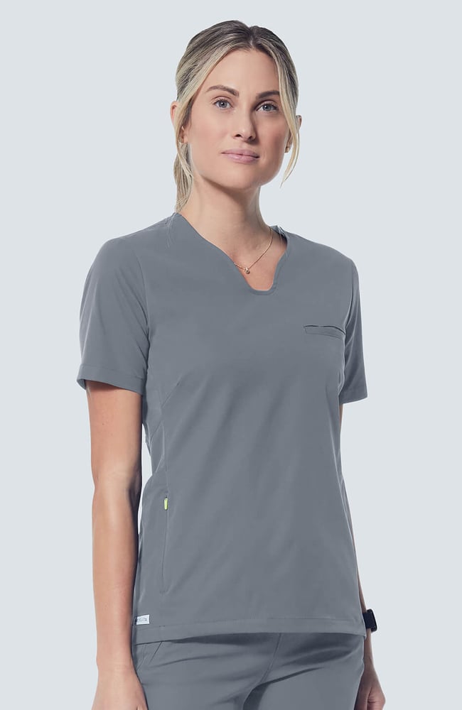 Women's Sola Round Y-Neck Scrub Top, GRE Grey, large