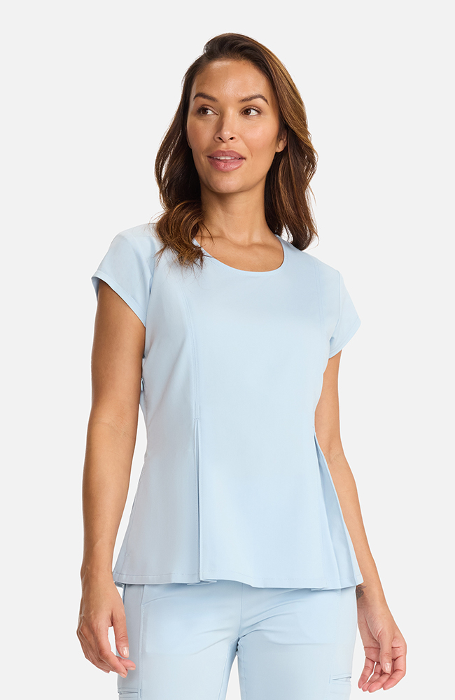Women's Crew Neck Pleated Peplum Scrub Top, ICB Ice Blue | blue, large