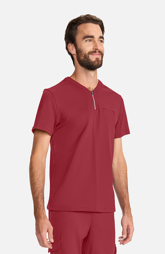 Men's Ponte Quarter Zip V-Neck Scrub Top, CHW Cherry Wood, large