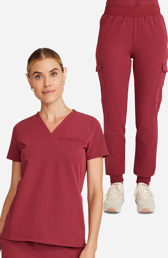Women's Scrub Set: Flora 3-Pocket Top & Bosque Jogger Pant, CHW Cherry Wood | red, large