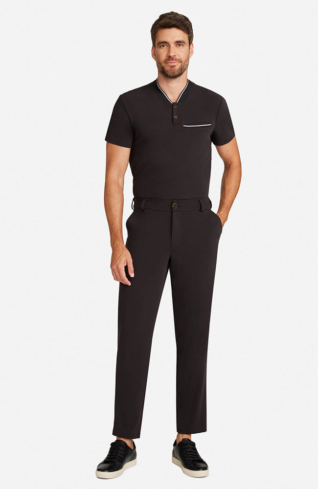 Men's Scrub Set: Rib Collar Henley Top & Cuffed Trouser Pant, BLK Black | black, large
