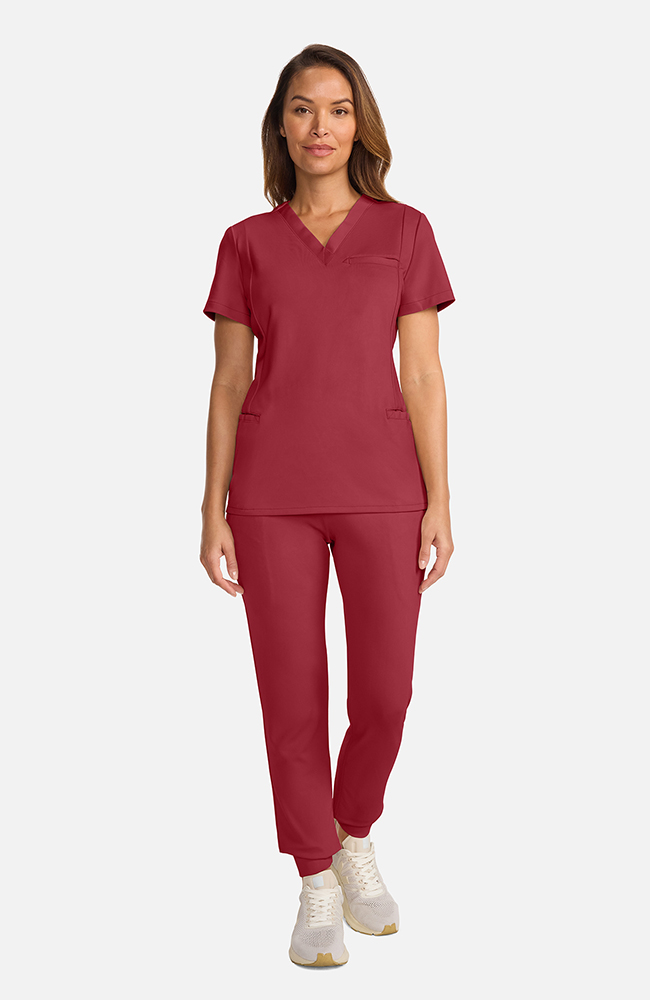 Women's Ponte V-Neck Scrub Top, CHW Cherry Wood | red, large
