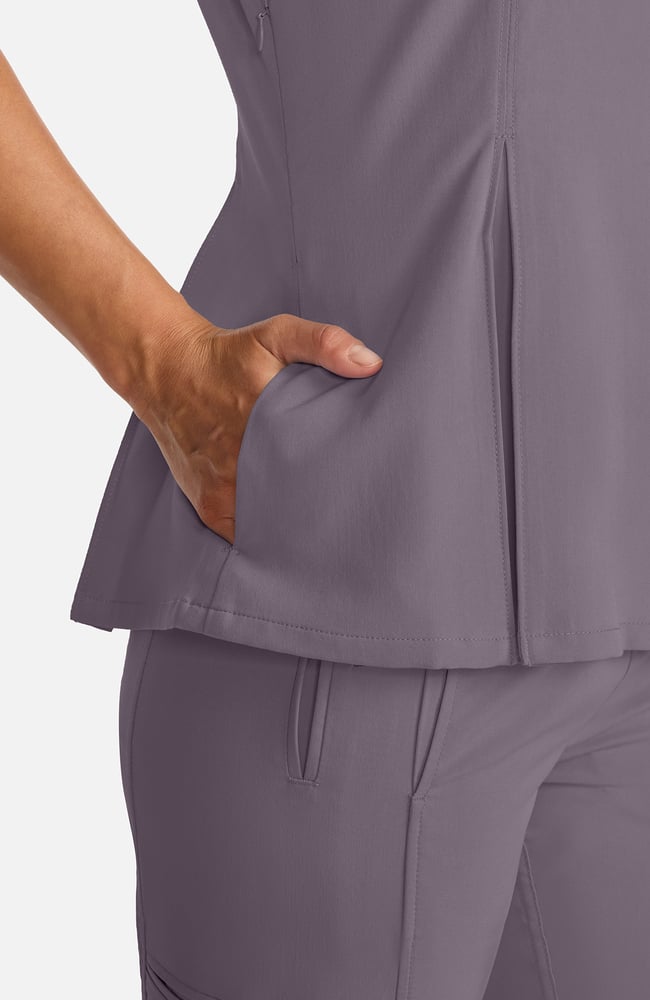 Women's Crew Neck Pleated Peplum Scrub Top, MIN Mink | grey, large