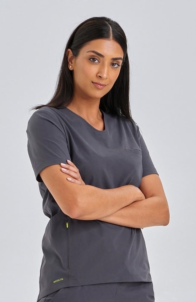 Women's Sola Round Y-Neck Scrub Top, PWT Pewter | pewter, large
