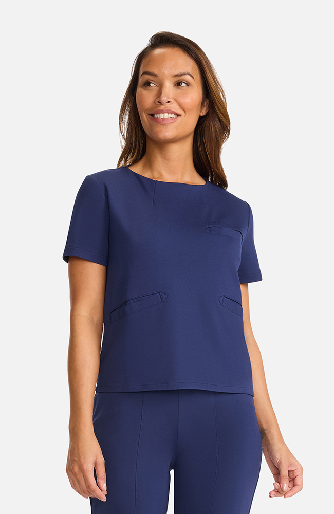 Women's Ponte Round Neck Scrub Top, NAV Navy, large