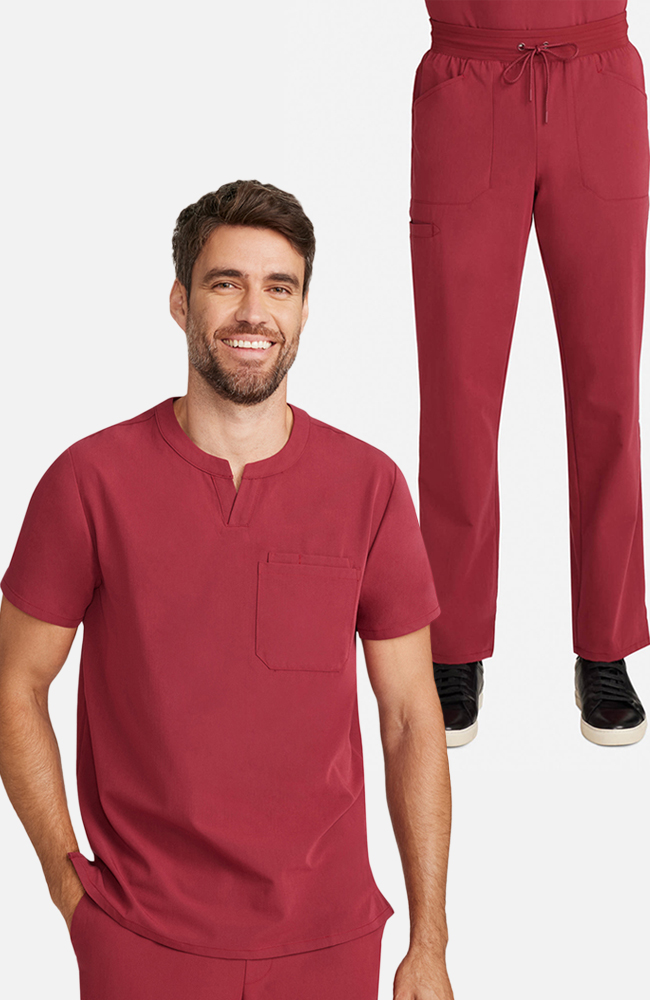 Men's Scrub Set: Cirrus Split Neck Top & Zephyr Straight Leg Pant, CHW Cherry Wood | red, large