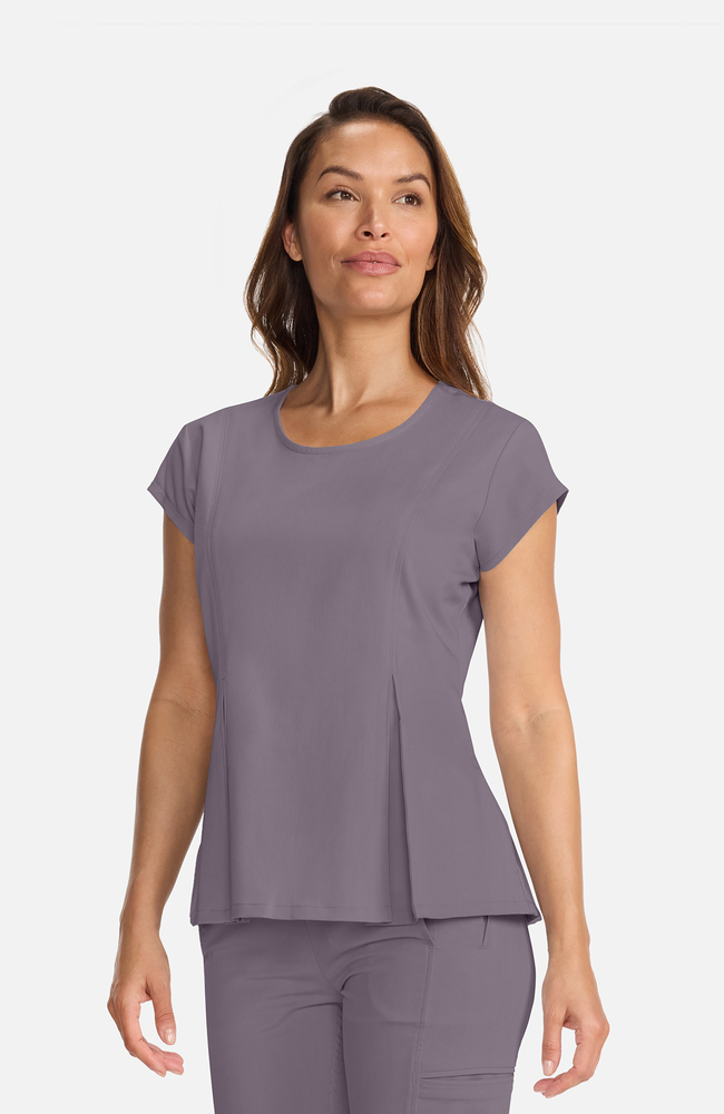 Women's Crew Neck Pleated Peplum Scrub Top, MIN Mink, large