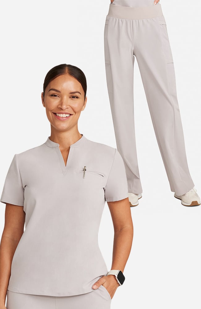 Women's Scrub Set: Taiga Welt Pocket Top & Anemone Straight Leg Pant, WMS Warm Stone | grey, large