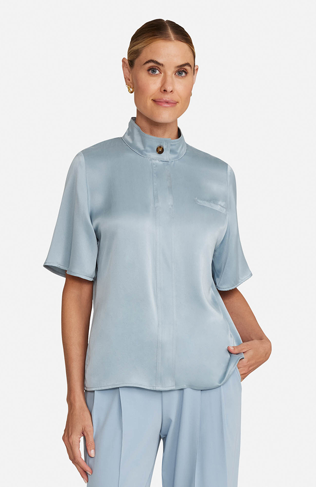 Women’s Silk Stand Collar Scrub Top, SOS Solar Slate | blue, large