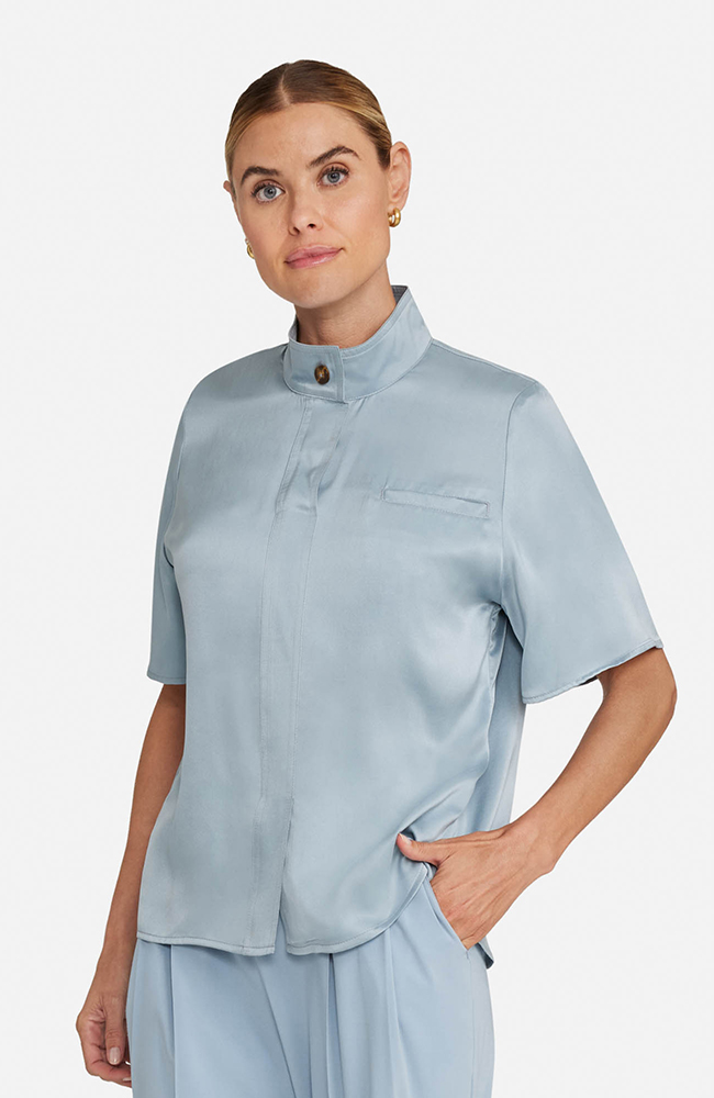 Women’s Silk Stand Collar Scrub Top, SOS Solar Slate, large