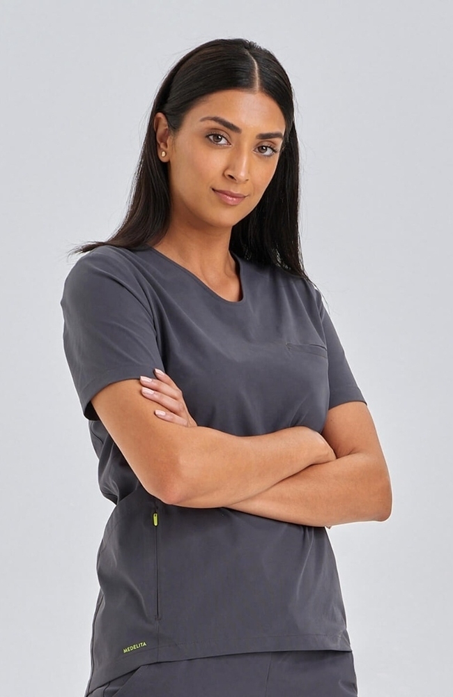 Women's Sola Round Y-Neck Scrub Top, PWT Pewter, large