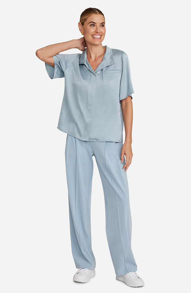 Women’s Silk Stand Collar Scrub Top, SOS Solar Slate, large