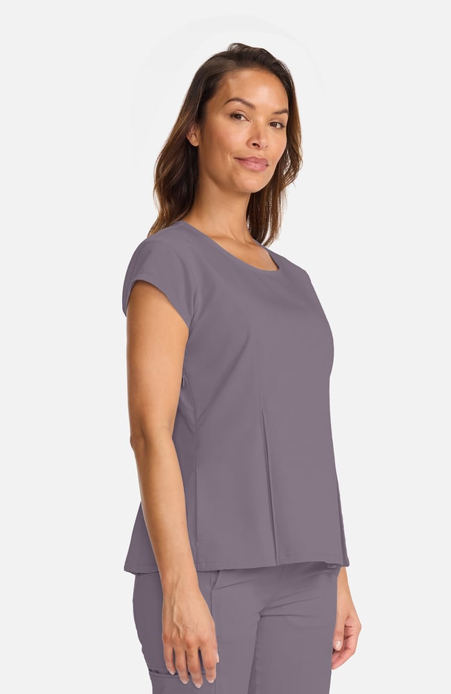 Women's Crew Neck Pleated Peplum Scrub Top, MIN Mink, large