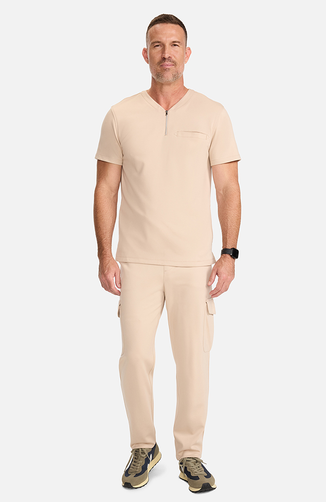Men's Ponte Quarter Zip V-Neck Scrub Top, TAT Toasted Tan | brown, large