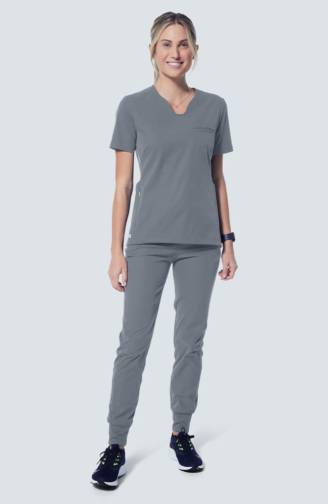 Women's Sola Round Y-Neck Scrub Top, GRE Grey, large