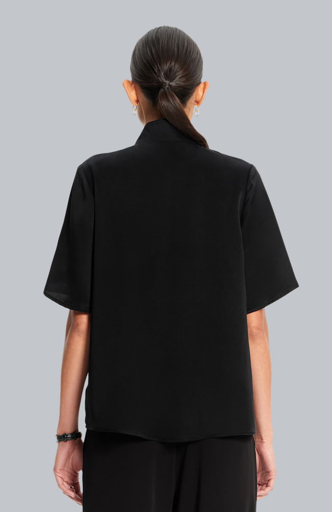 Women's Scrub Set: Silk Stand Collar Top & Pleated Wide Leg Pant, BLK Black, large