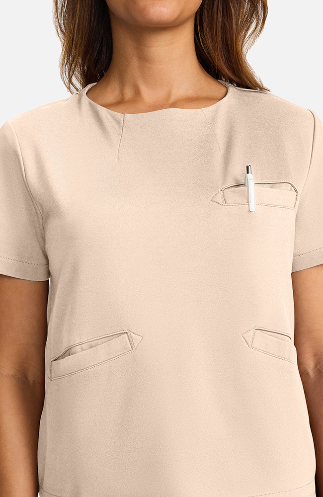Women's Ponte Round Neck Scrub Top, TAT Toasted Tan | brown, large