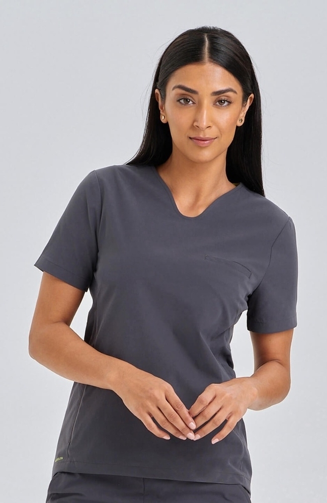 Women's Sola Round Y-Neck Scrub Top, PWT Pewter, large