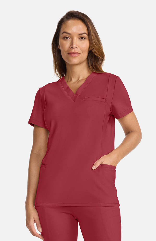 Women's Ponte V-Neck Scrub Top, CHW Cherry Wood | red, large
