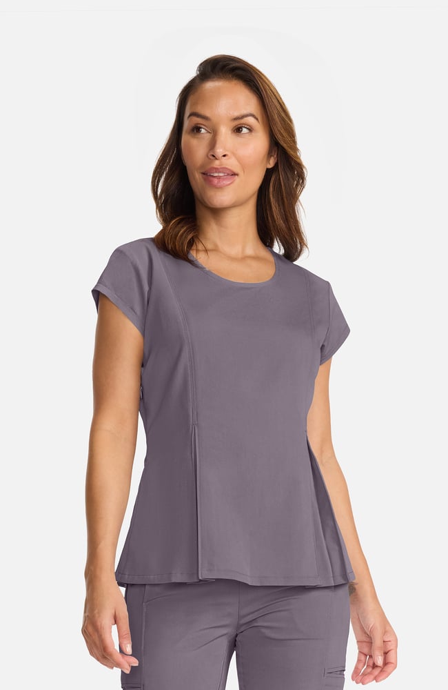 Women's Crew Neck Pleated Peplum Scrub Top, MIN Mink, large