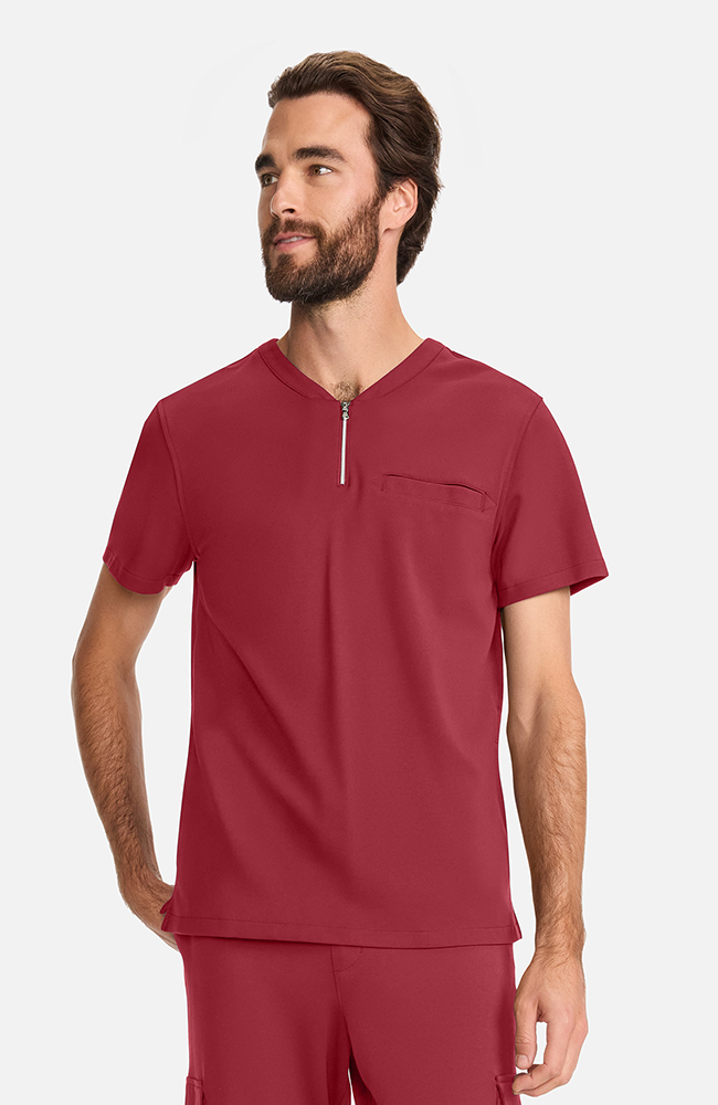 Men's Ponte Quarter Zip V-Neck Scrub Top, CHW Cherry Wood, large