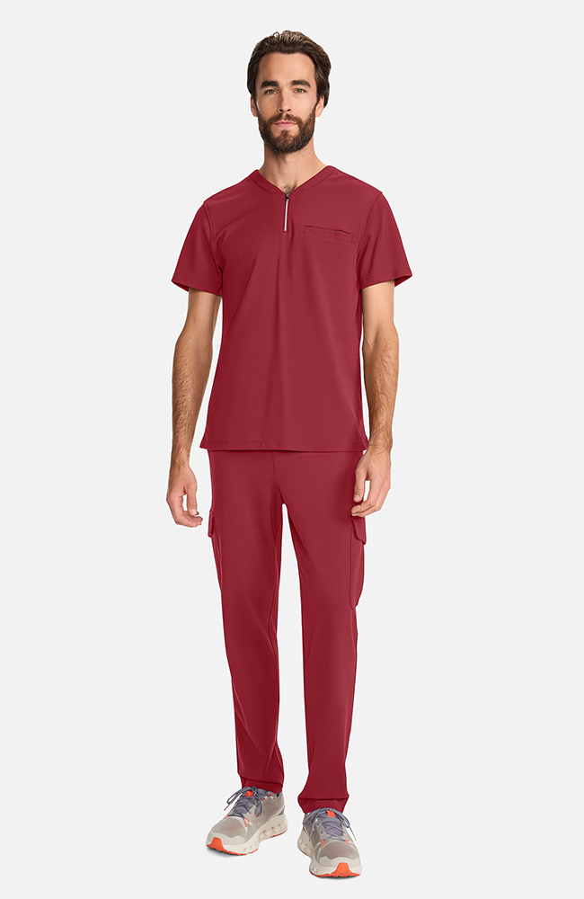 Men's Ponte Quarter Zip V-Neck Scrub Top, CHW Cherry Wood, large
