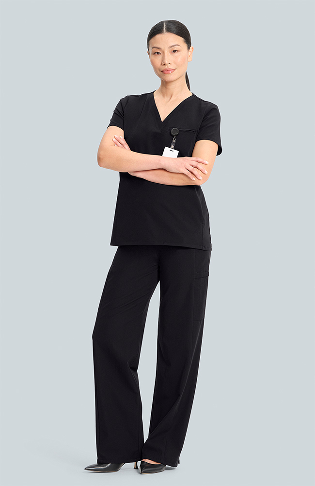 Women's Flora 3-Pocket V-Neck Scrub Top, BLK Black, large