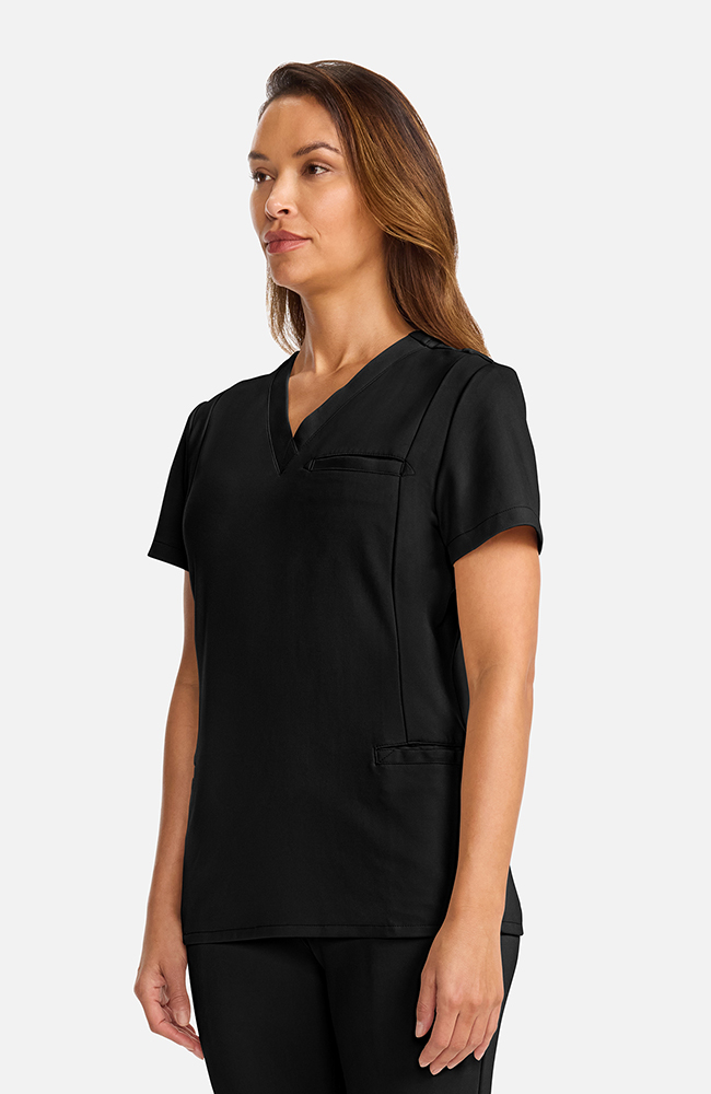 Women's Ponte V-Neck Scrub Top, BLK Black, large