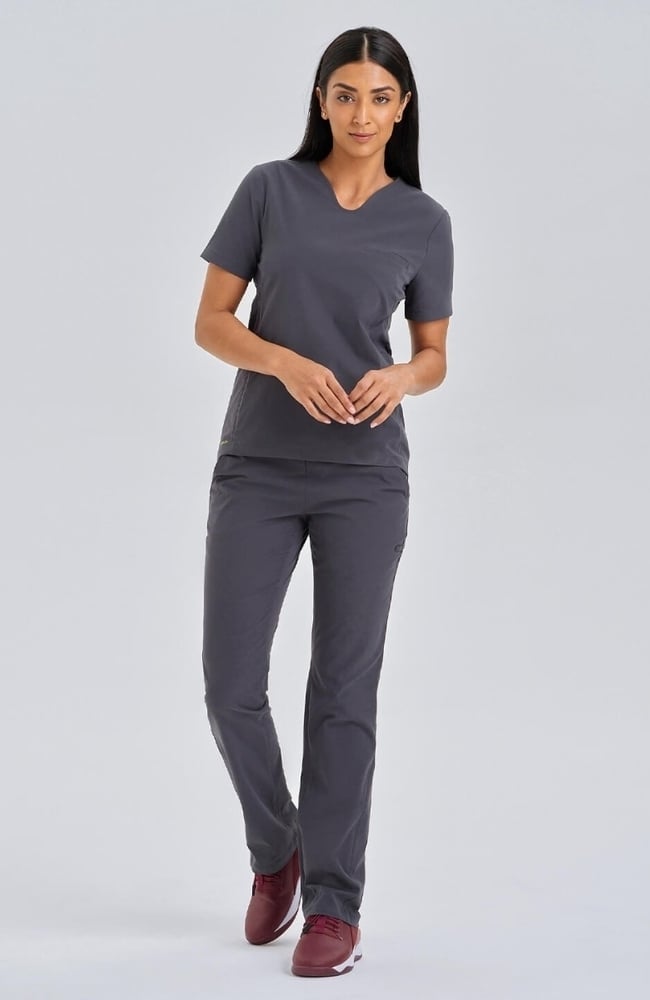 Women's Sola Round Y-Neck Scrub Top, PWT Pewter, large