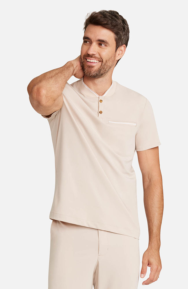 Men&rsquo;s Rib Collar Henley Scrub Top, TAT Toasted Tan | brown, large
