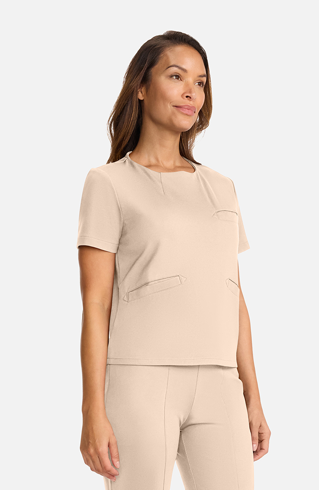 Women's Ponte Round Neck Scrub Top, TAT Toasted Tan | brown, large